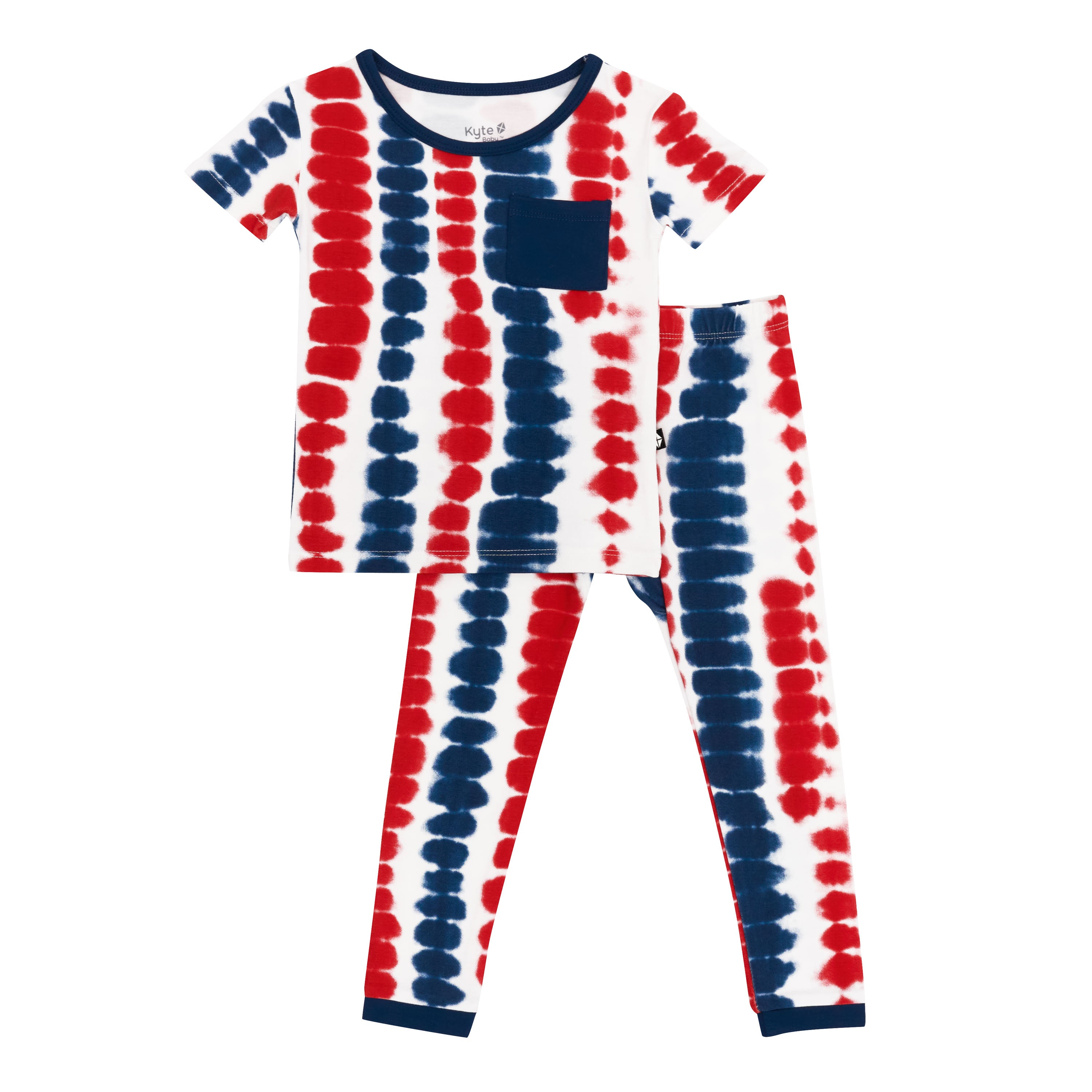 Kyte Baby's Short Sleeve with Pants Pajamas in Liberty Rip Tide with Tahoe accent color pocket on the shirt