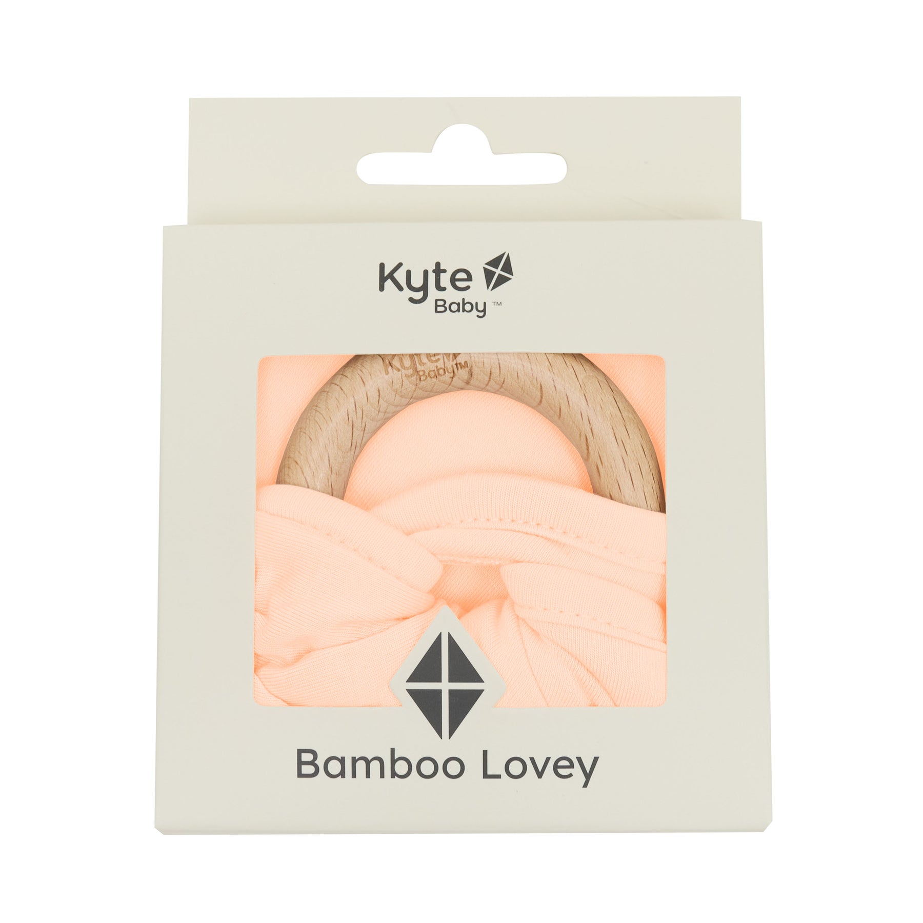 Lovey in Canyon with Removable Wooden Teething Ring shown in its packaging