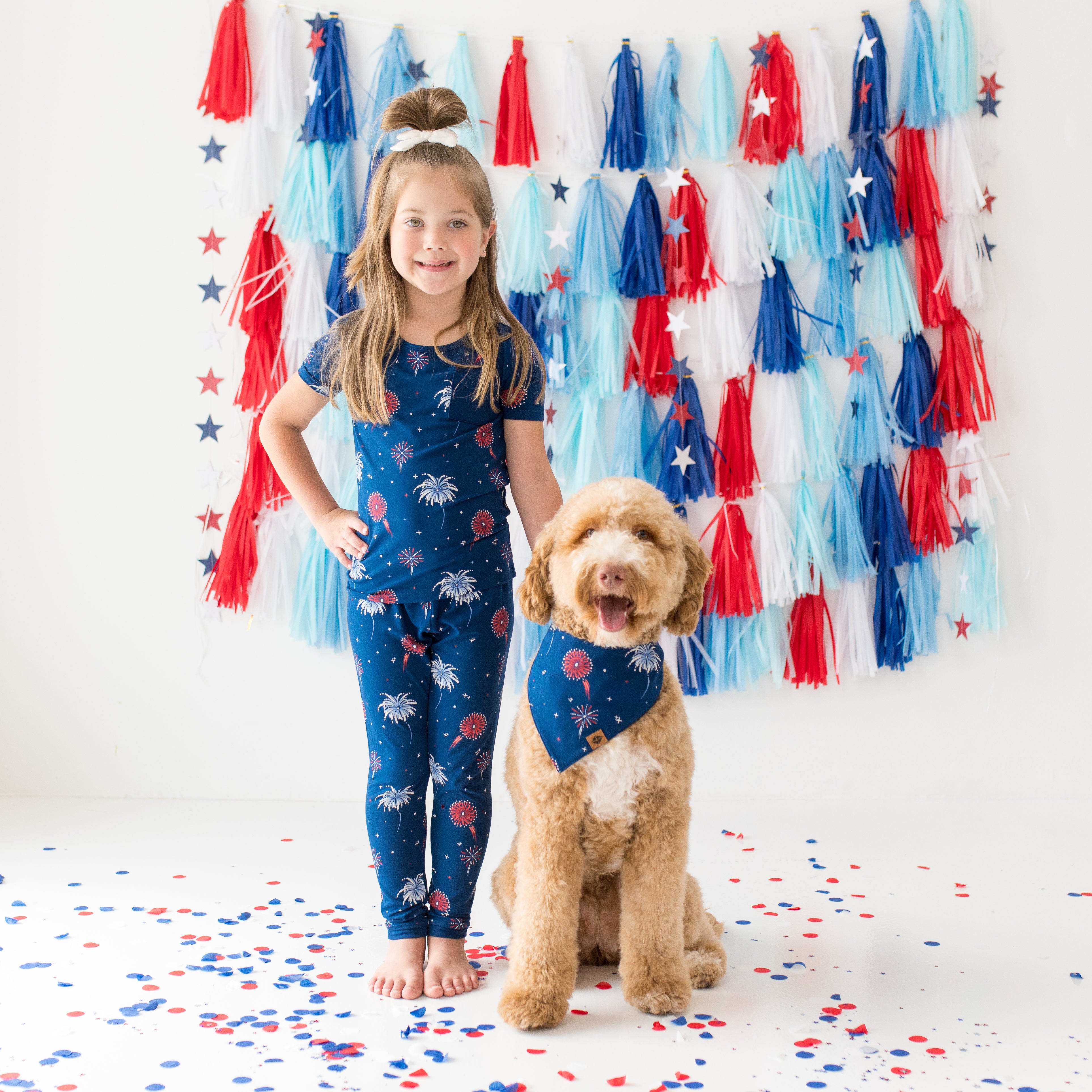 Goldendoodle Dog modeling Dog Bandana in Celebration and Toddler modleing Celebration Short Sleeve Pajama with Pants