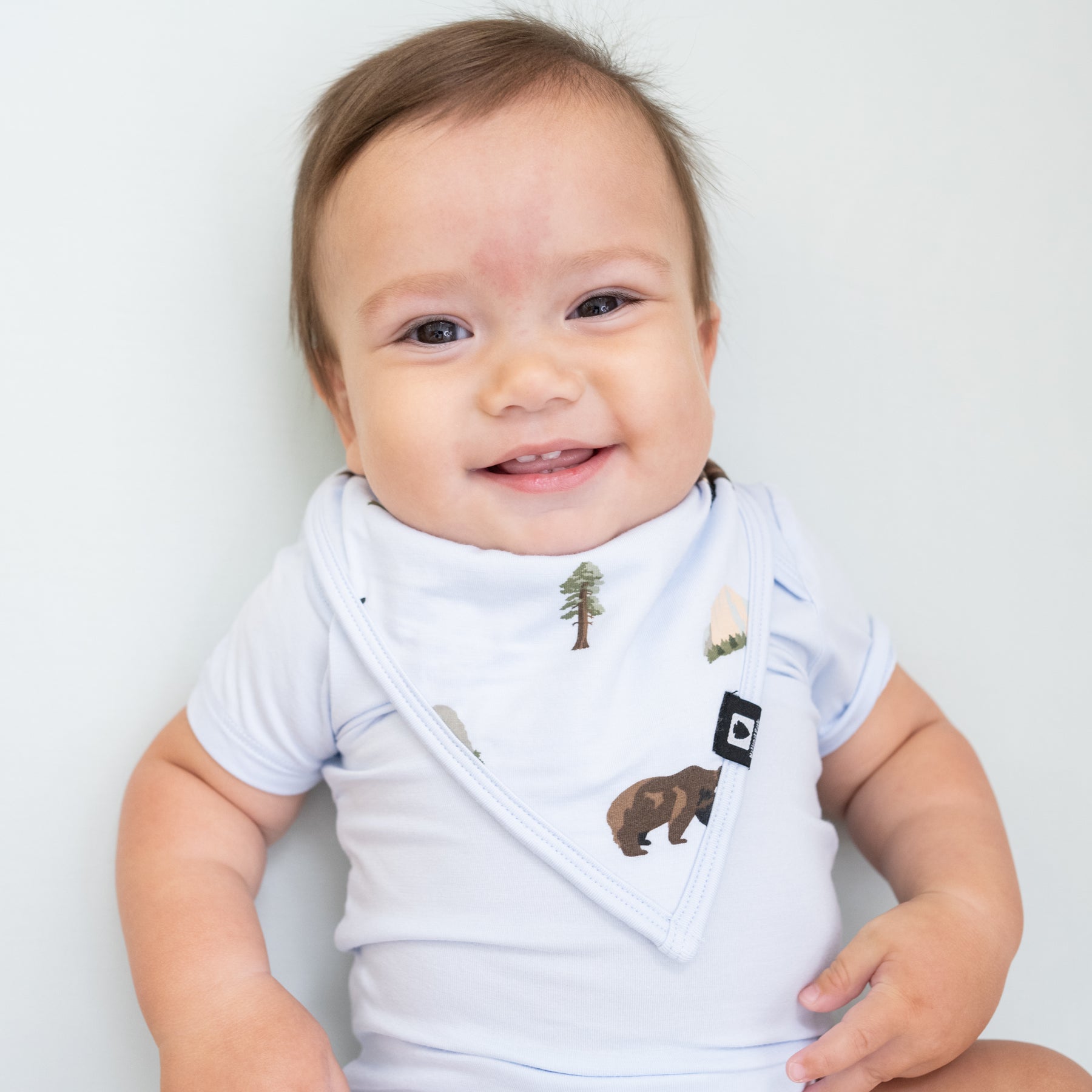 Baby wearing Bib in Yosemite and Mist bodysuit