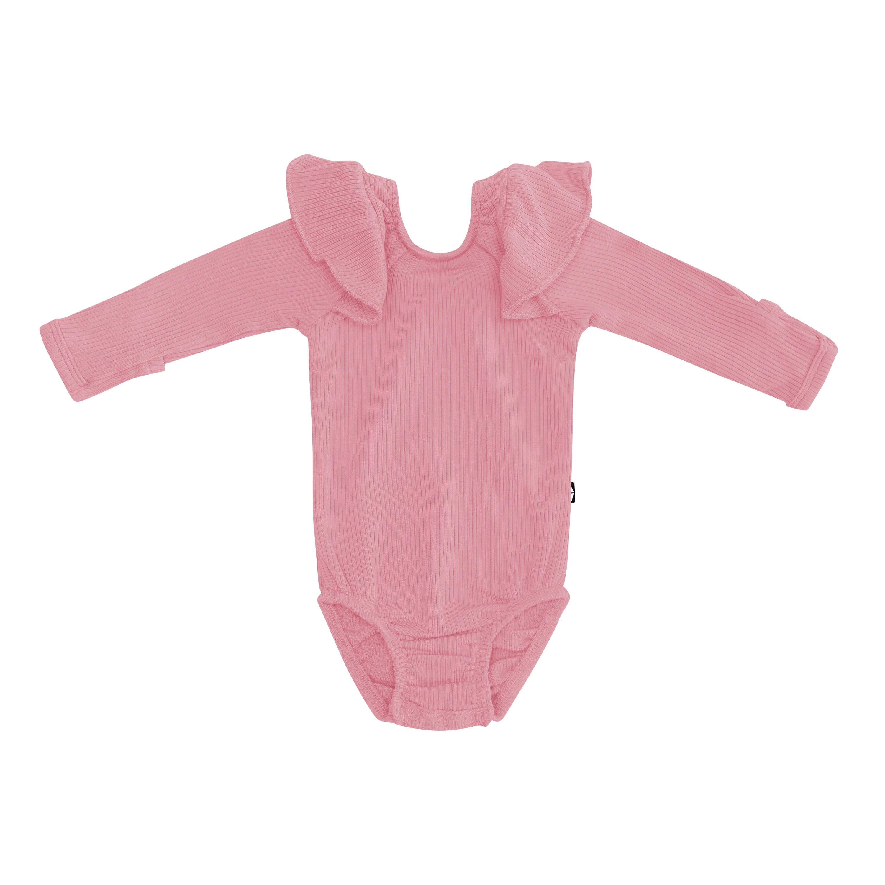 Kyte Baby Ribbed Long Sleeve Ruffle Leotard in Apple Blossom