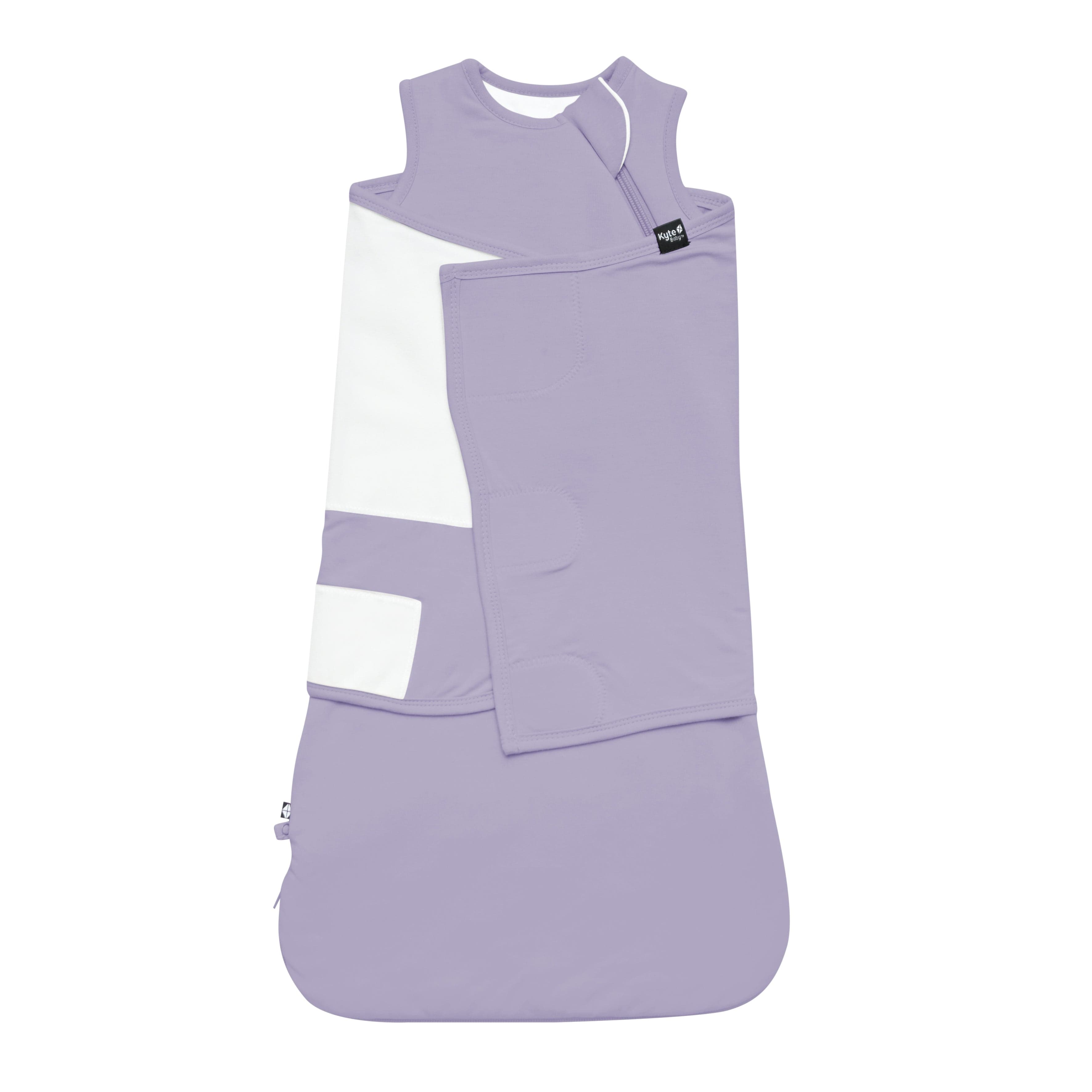 Kyte Baby Sleep Bag Swaddler in Taro shown swaddled
