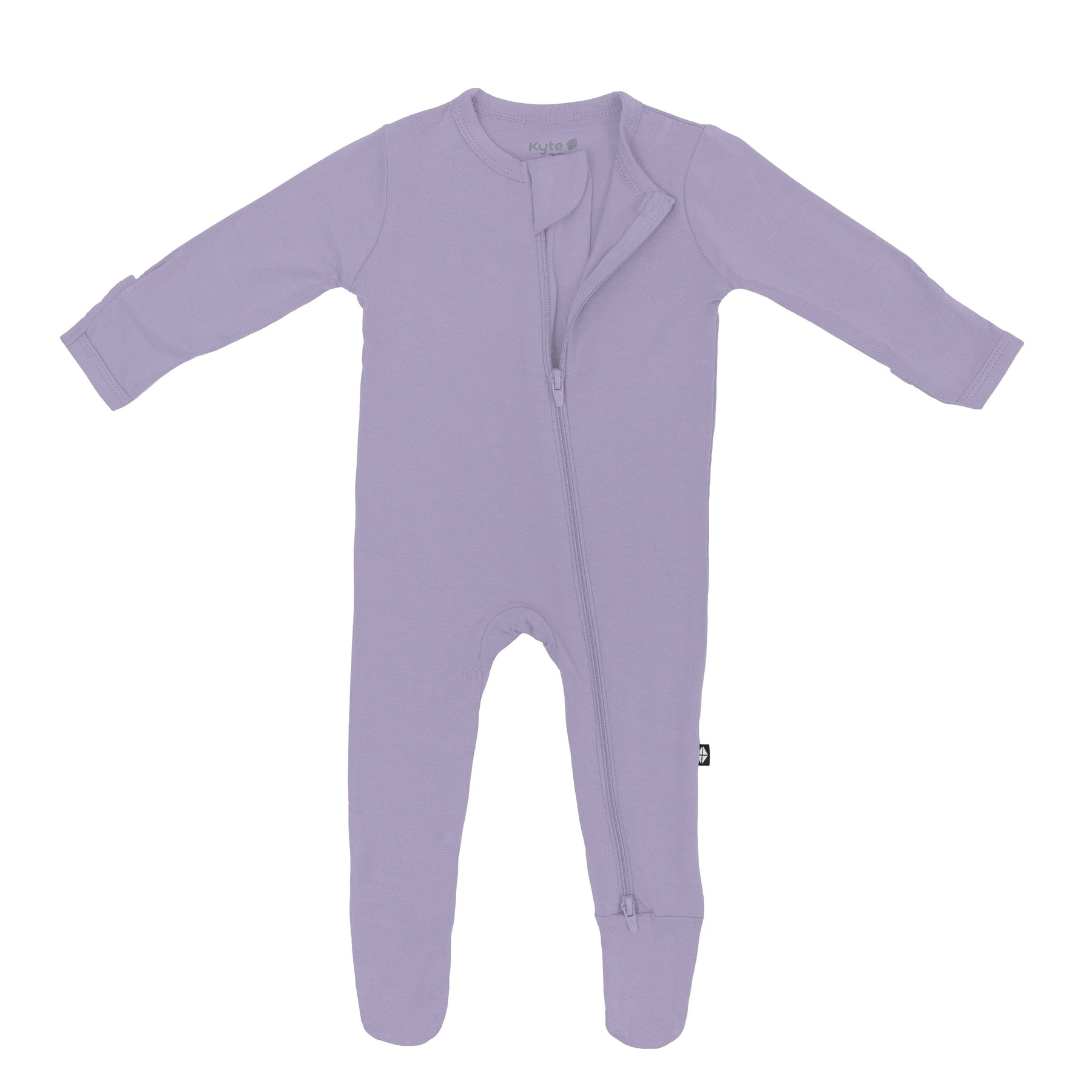Dual zipper partially unzipped from the top on a Zippered Footie in Taro