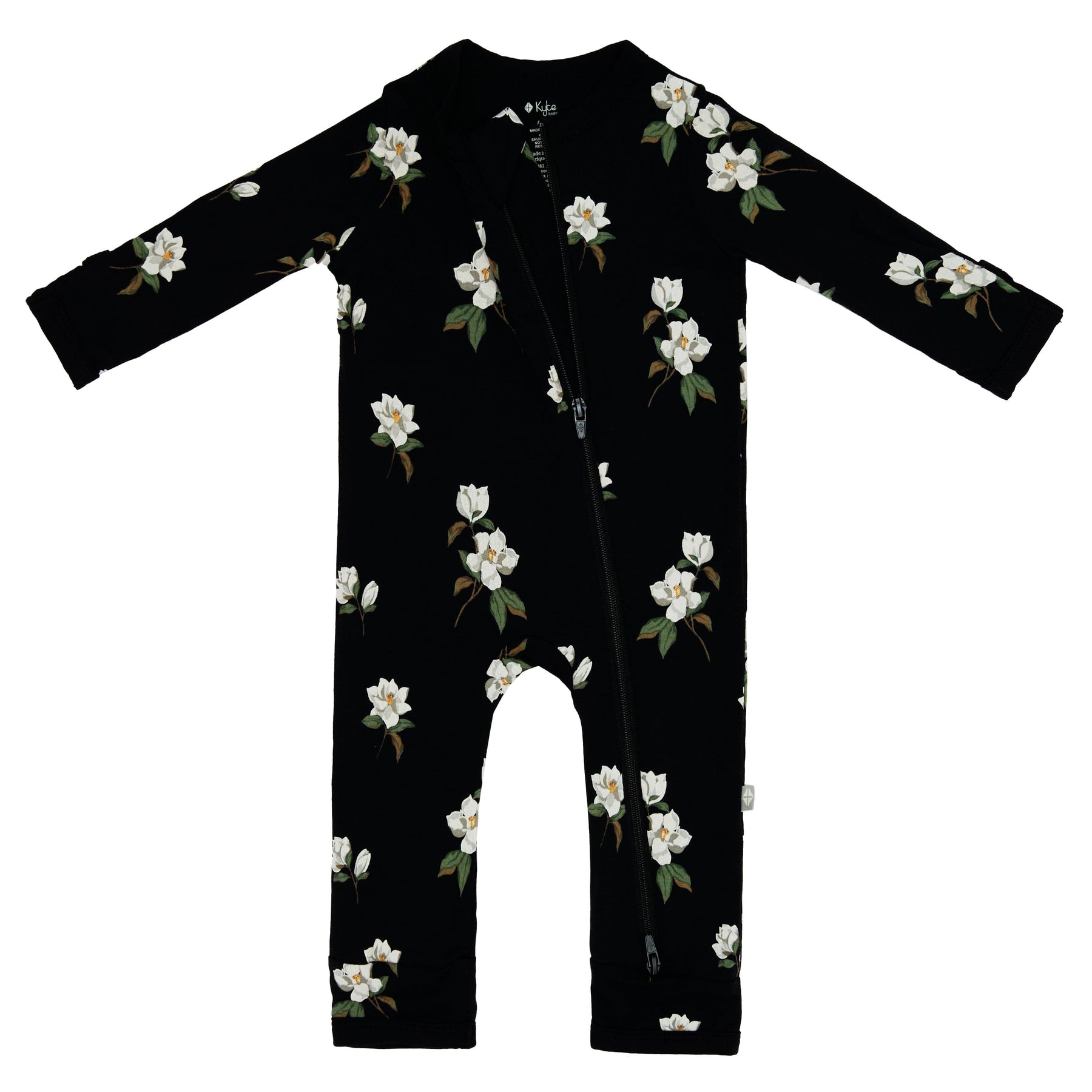 Dual zipper on Kyte Baby Zippered Romper in Small Midnight Magnolia